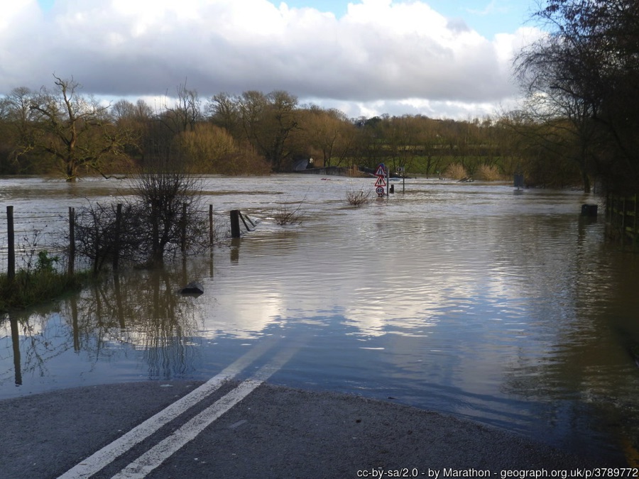 Flooded road and fields